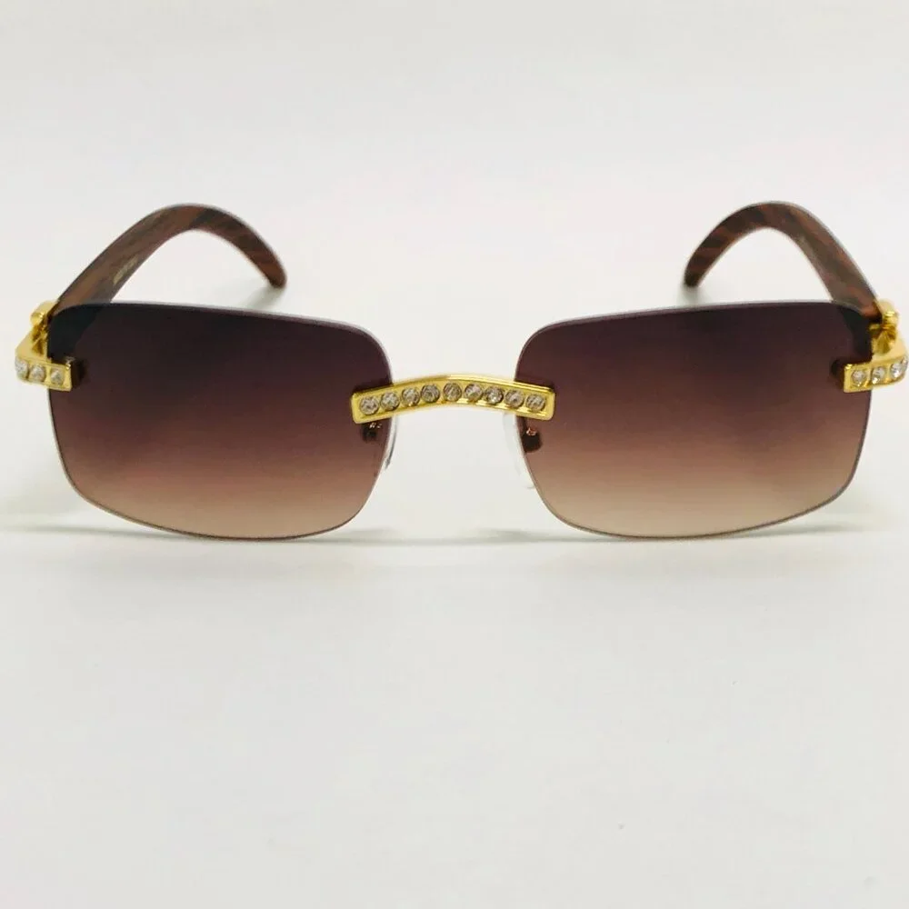 Men Sunglasses Square Brown‎ Lens Fashion Diamond Bling Hip Hop Style Rimless